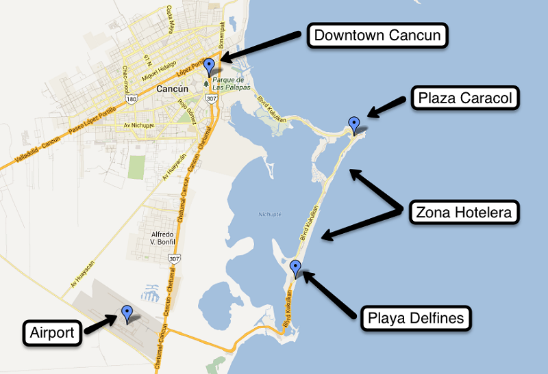 Map of the best regions to stay in Cancun