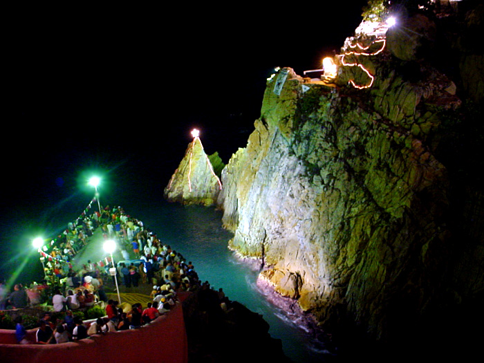 La Quebrada at night in Acapulco