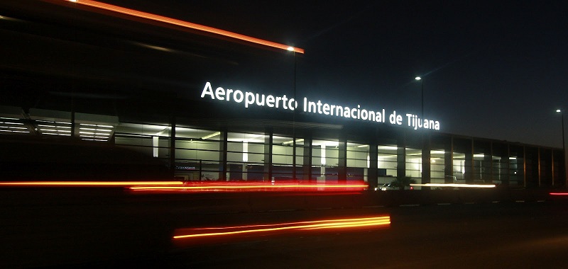Facade of Tijuana International Airport at night